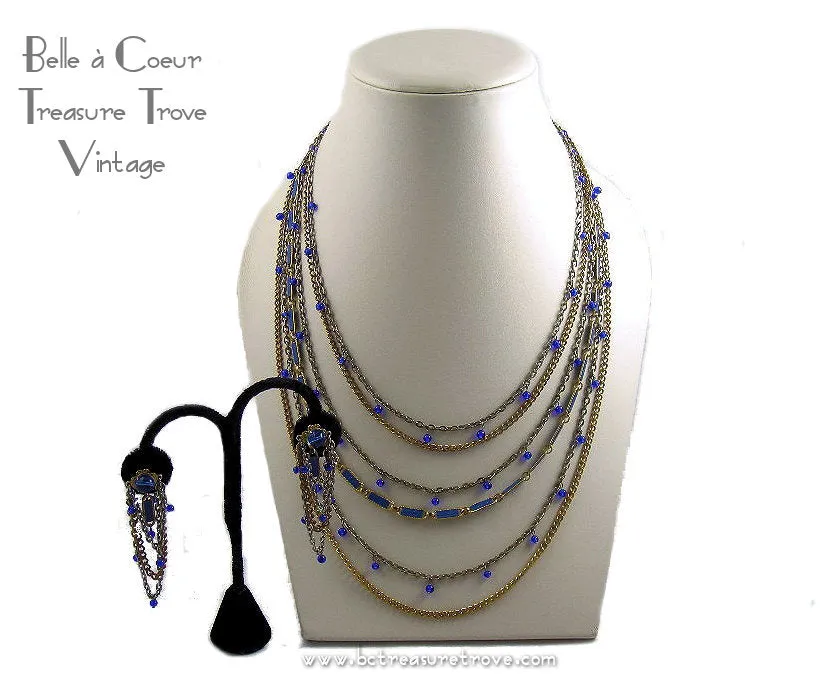 MultiStrand Chain Necklace & Earrings Royal Blue and Goldtone Vintage 1970s