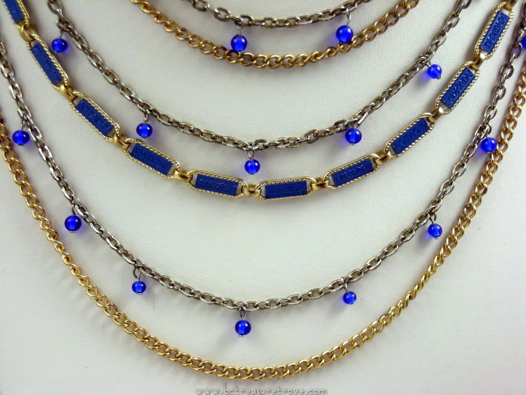 MultiStrand Chain Necklace & Earrings Royal Blue and Goldtone Vintage 1970s