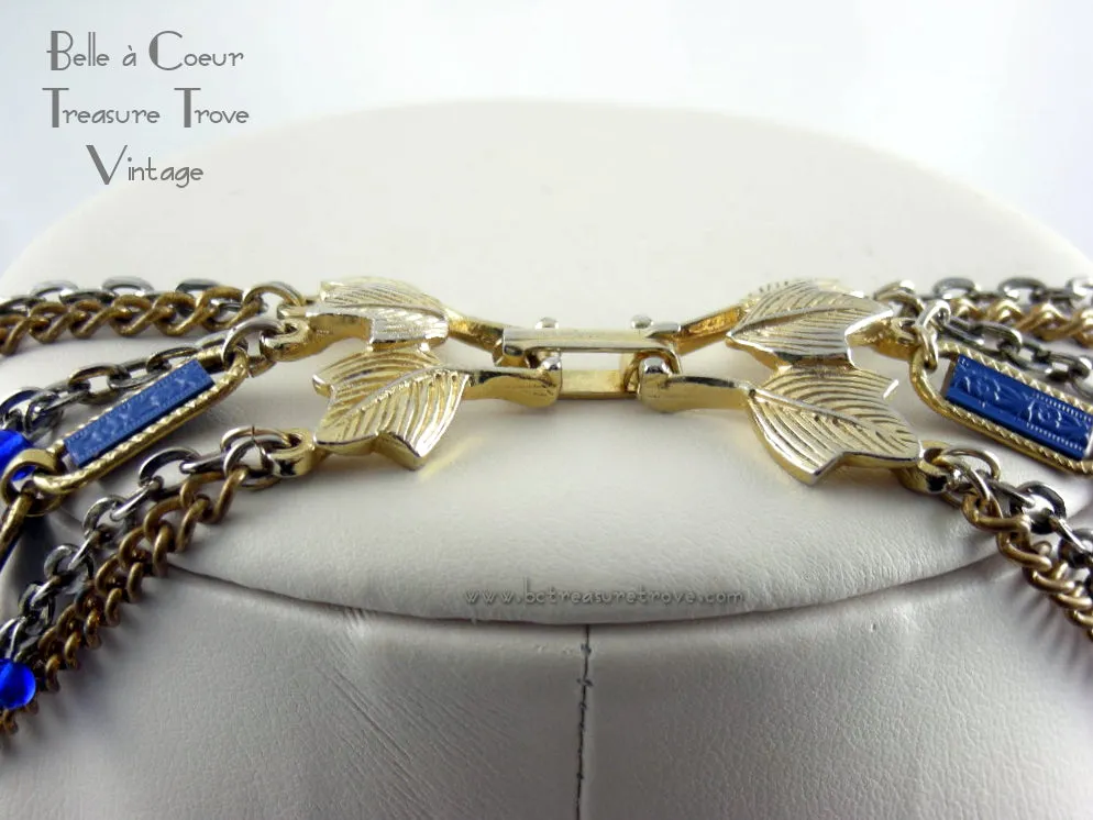MultiStrand Chain Necklace & Earrings Royal Blue and Goldtone Vintage 1970s