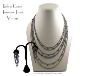 MultiStrand Chain Necklace & Earrings Royal Blue and Goldtone Vintage 1970s