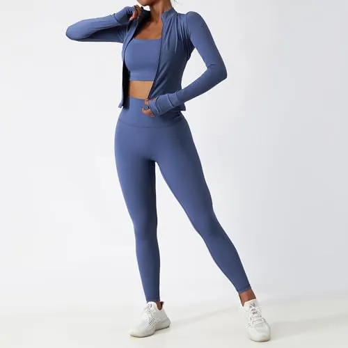MUMANAIXI 3-Piece Seamless Moisture-Wicking Workout Set for Women - Gym, Fitness, Running, Yoga Sportswear (Blue 3pcs, Large)