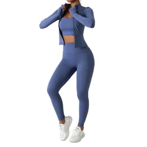 MUMANAIXI 3-Piece Seamless Moisture-Wicking Workout Set for Women - Gym, Fitness, Running, Yoga Sportswear (Blue 3pcs, Large)