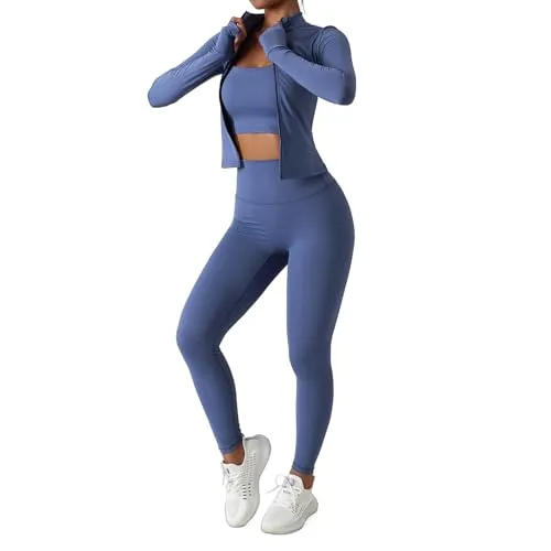 MUMANAIXI 3-Piece Seamless Moisture-Wicking Workout Set for Women - Gym, Fitness, Running, Yoga Sportswear (Blue 3pcs, Large)