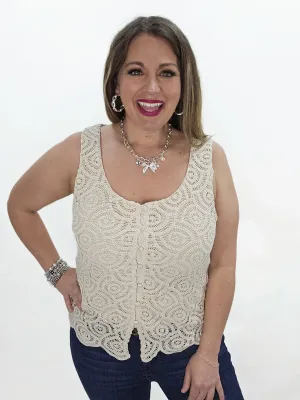 NATURAL CROCHET LINED SCALLOPED HEM BUTTON TANK