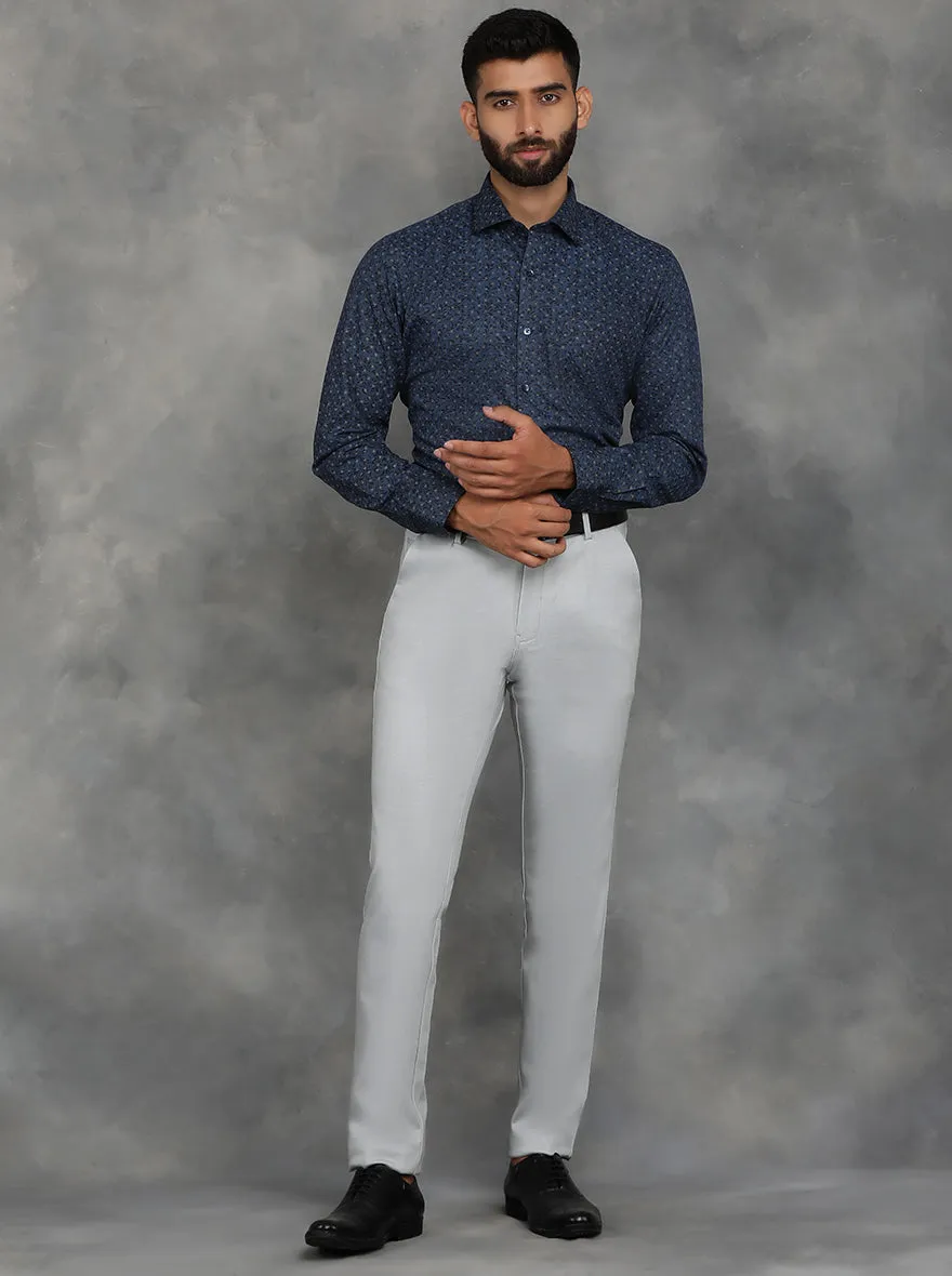 Navy Blue Printed Slim Fit Formal Shirt | GreenFibre