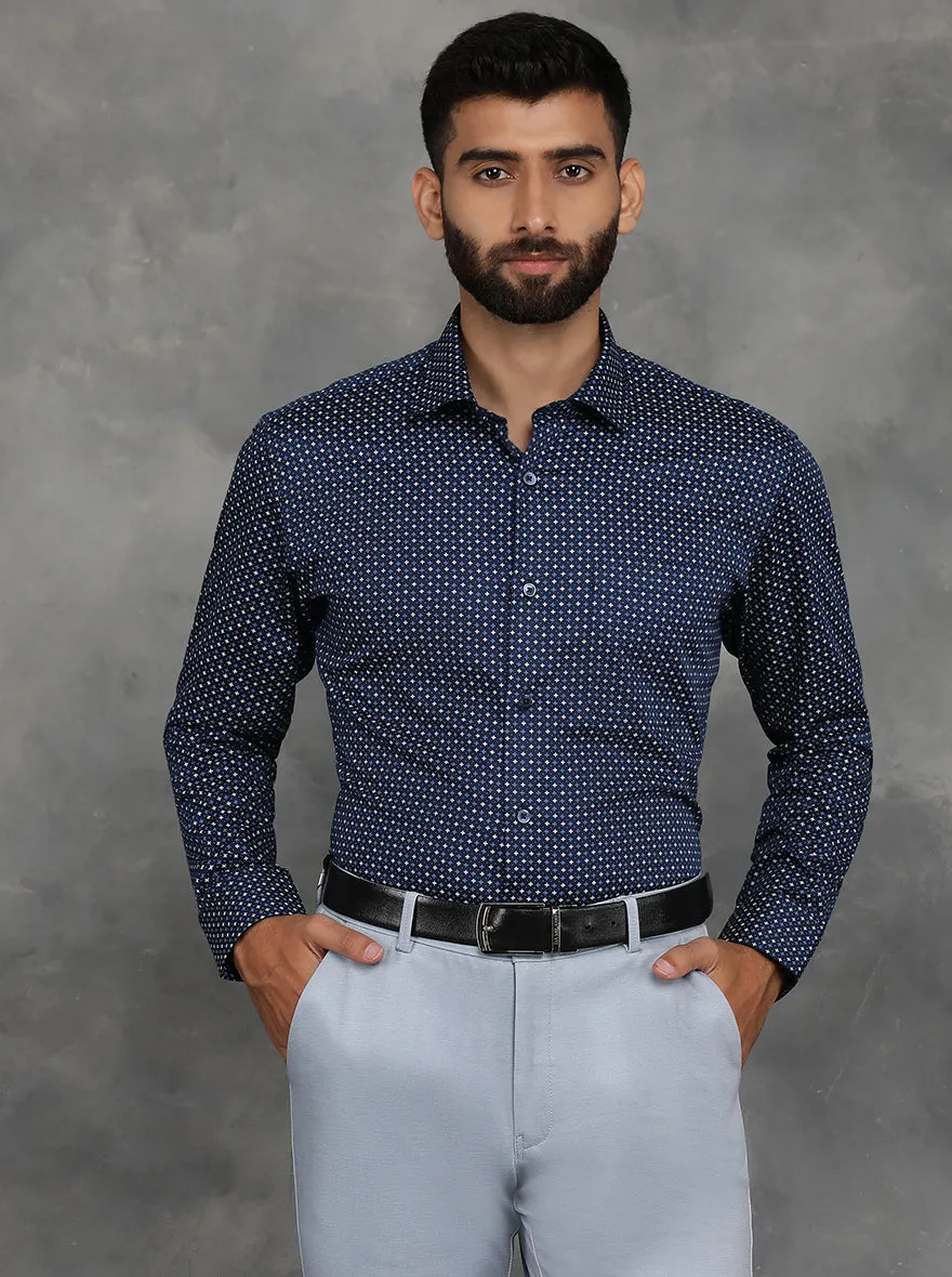 Navy Blue Printed Slim Fit Formal Shirt | GreenFibre