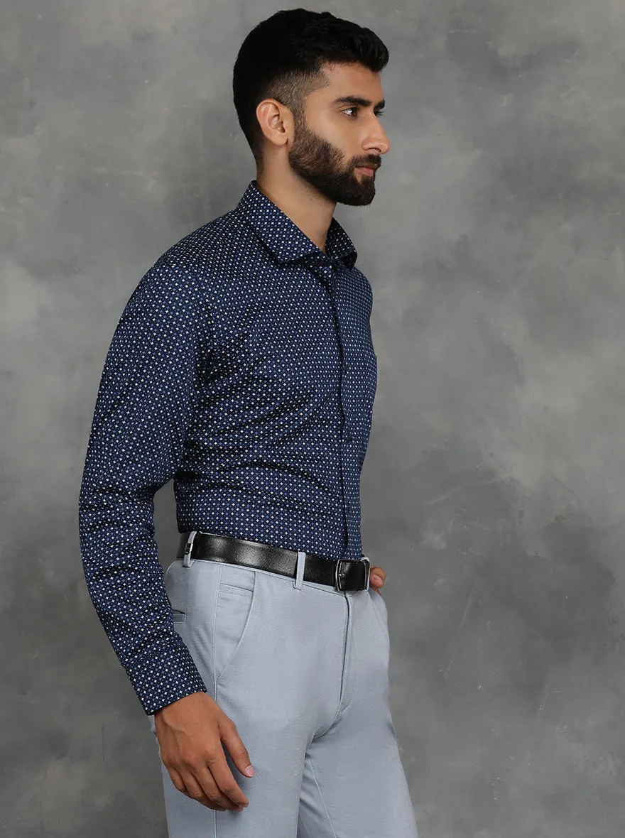 Navy Blue Printed Slim Fit Formal Shirt | GreenFibre