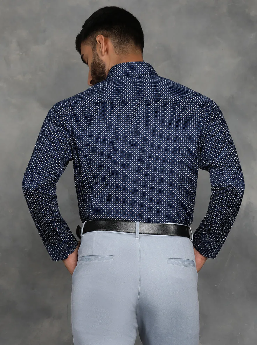 Navy Blue Printed Slim Fit Formal Shirt | GreenFibre