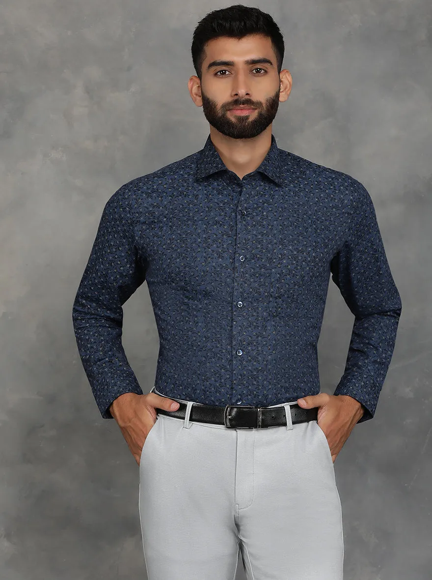 Navy Blue Printed Slim Fit Formal Shirt | GreenFibre