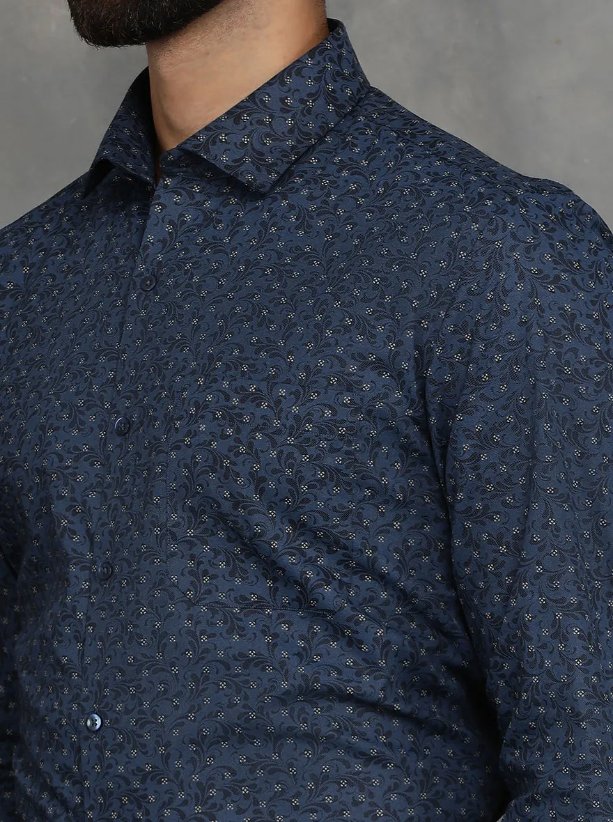 Navy Blue Printed Slim Fit Formal Shirt | GreenFibre