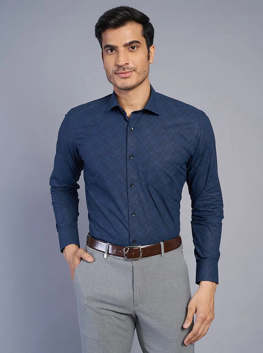 Navy Blue Printed Slim Fit Formal Shirt | Greenfibre