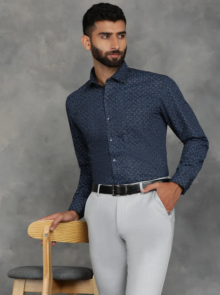 Navy Blue Printed Slim Fit Formal Shirt | GreenFibre