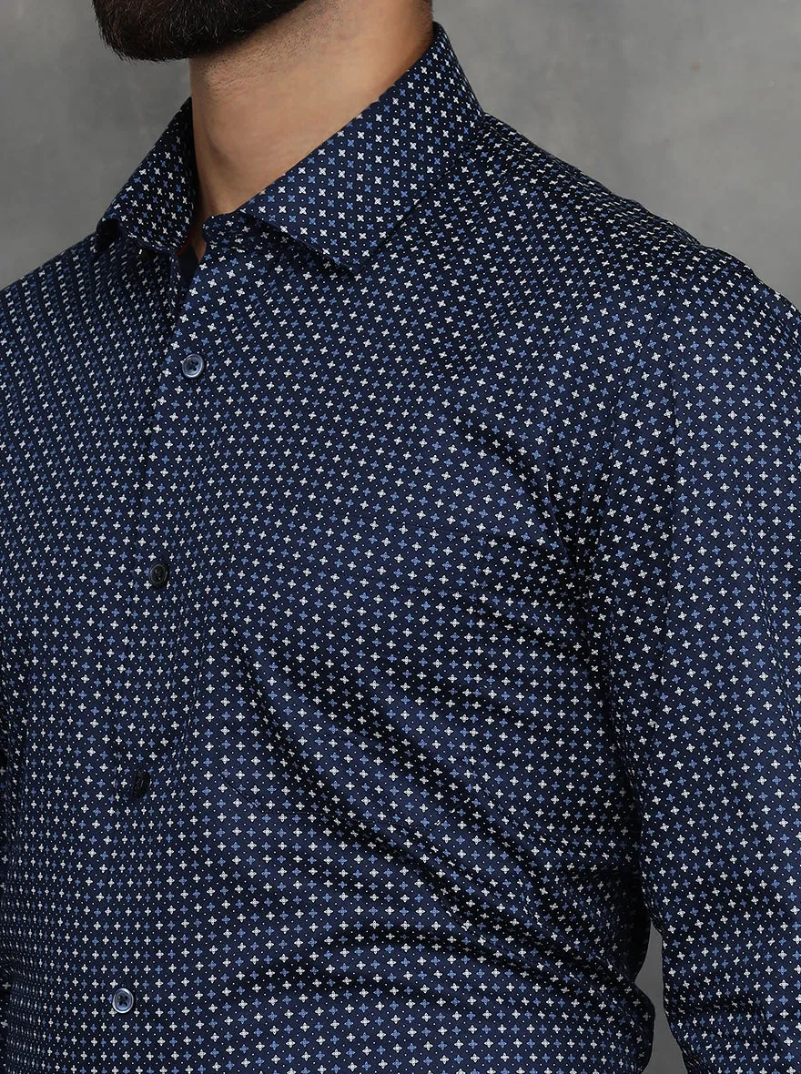 Navy Blue Printed Slim Fit Formal Shirt | GreenFibre