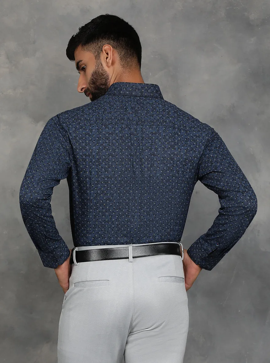 Navy Blue Printed Slim Fit Formal Shirt | GreenFibre