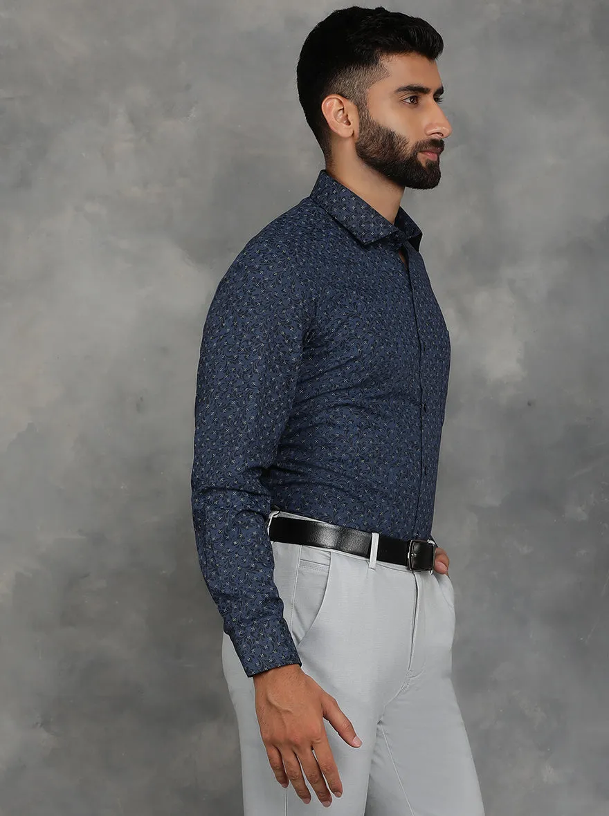 Navy Blue Printed Slim Fit Formal Shirt | GreenFibre