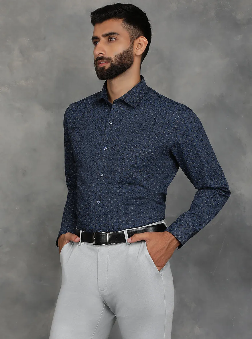 Navy Blue Printed Slim Fit Formal Shirt | GreenFibre