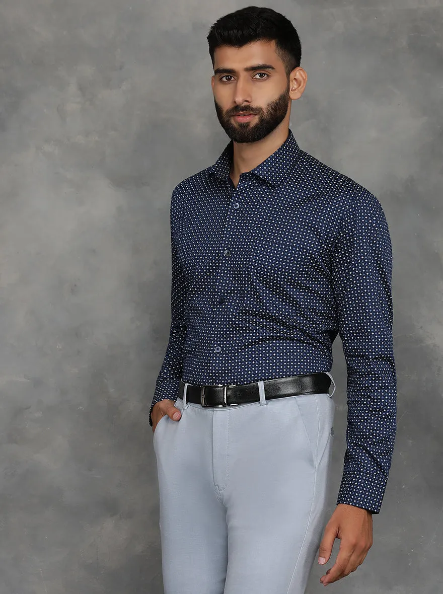 Navy Blue Printed Slim Fit Formal Shirt | GreenFibre