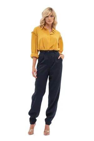 Navy Office Solid Color Pants with Pockets