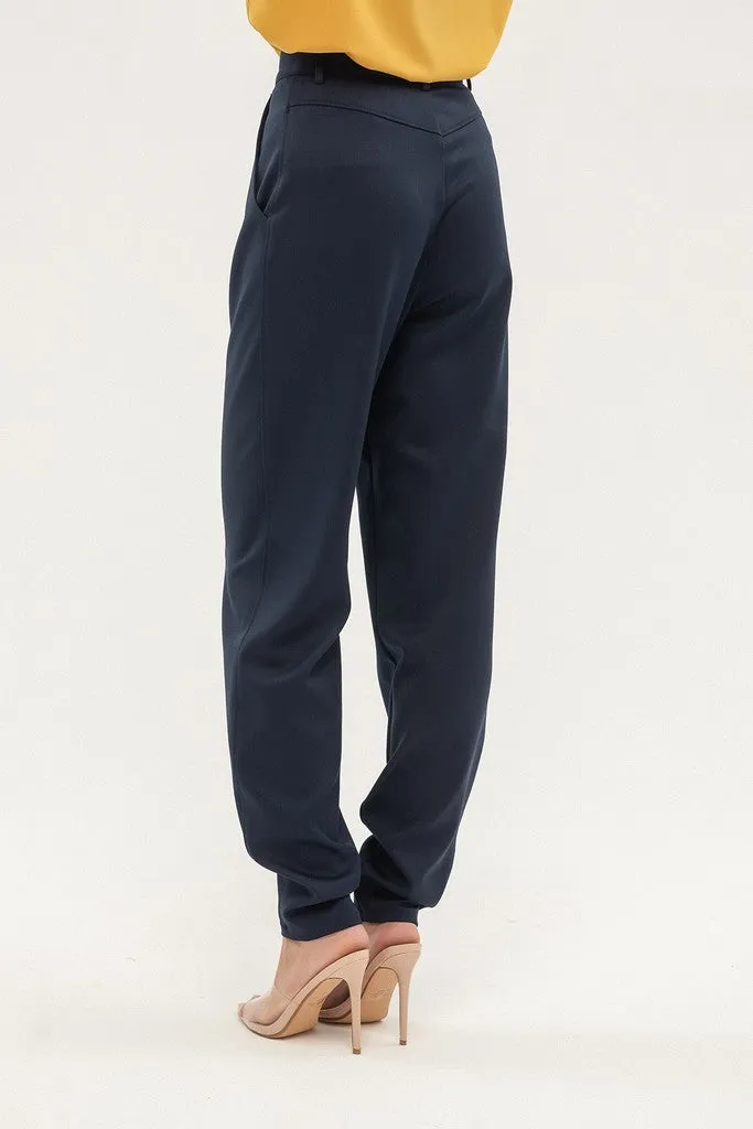 Navy Office Solid Color Pants with Pockets