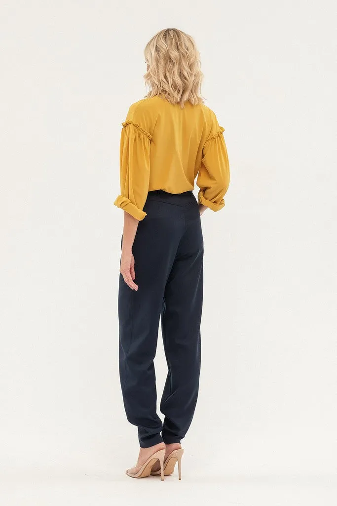 Navy Office Solid Color Pants with Pockets