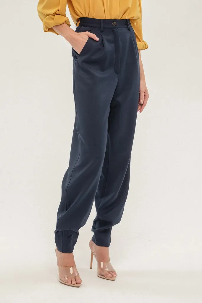 Navy Office Solid Color Pants with Pockets