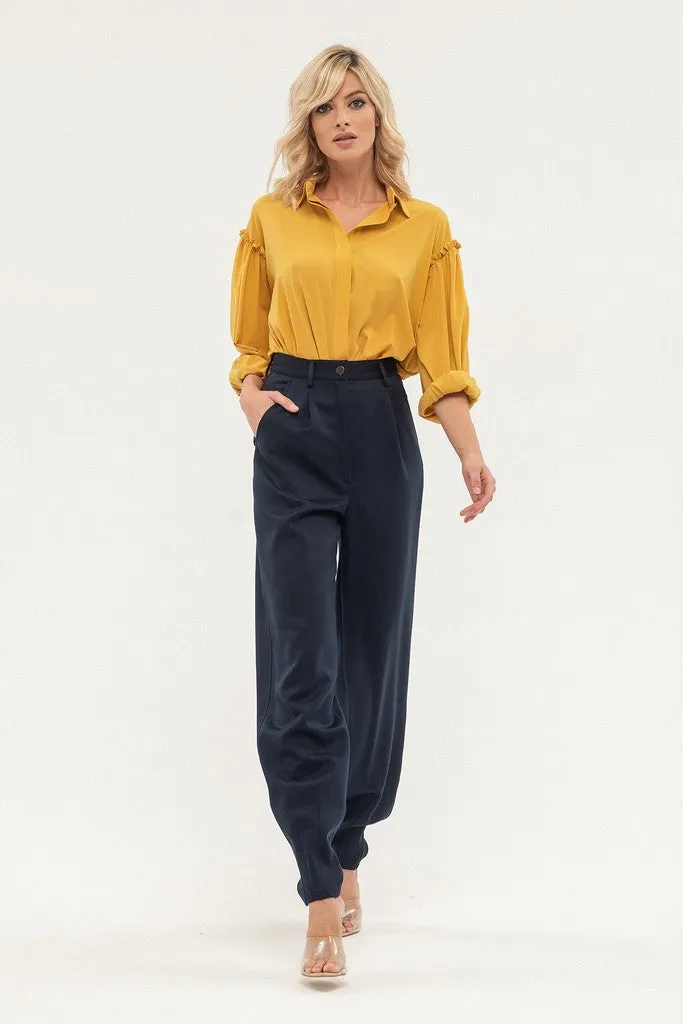 Navy Office Solid Color Pants with Pockets