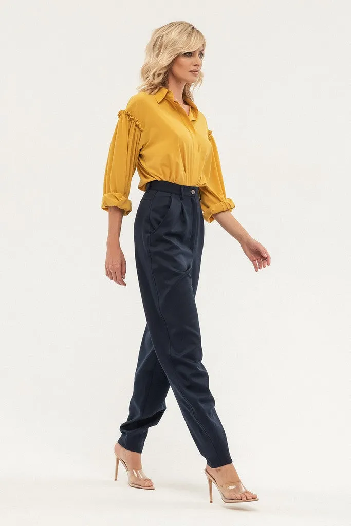 Navy Office Solid Color Pants with Pockets