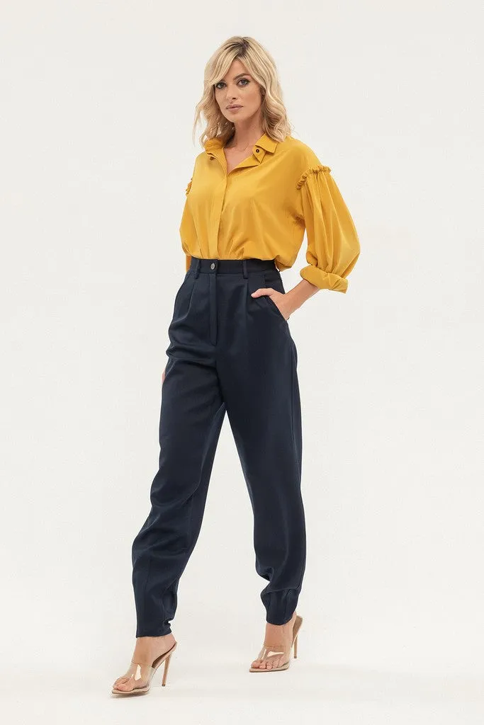 Navy Office Solid Color Pants with Pockets