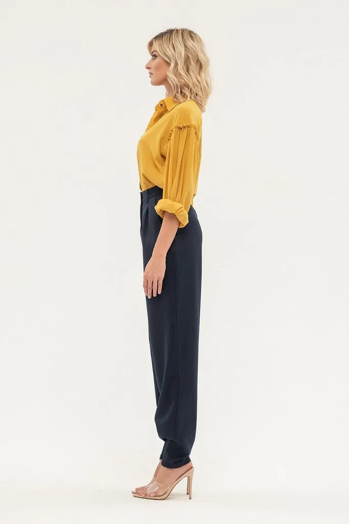 Navy Office Solid Color Pants with Pockets