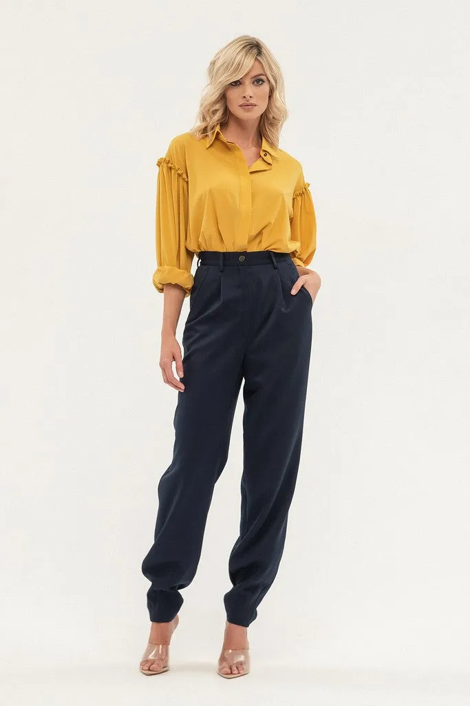 Navy Office Solid Color Pants with Pockets