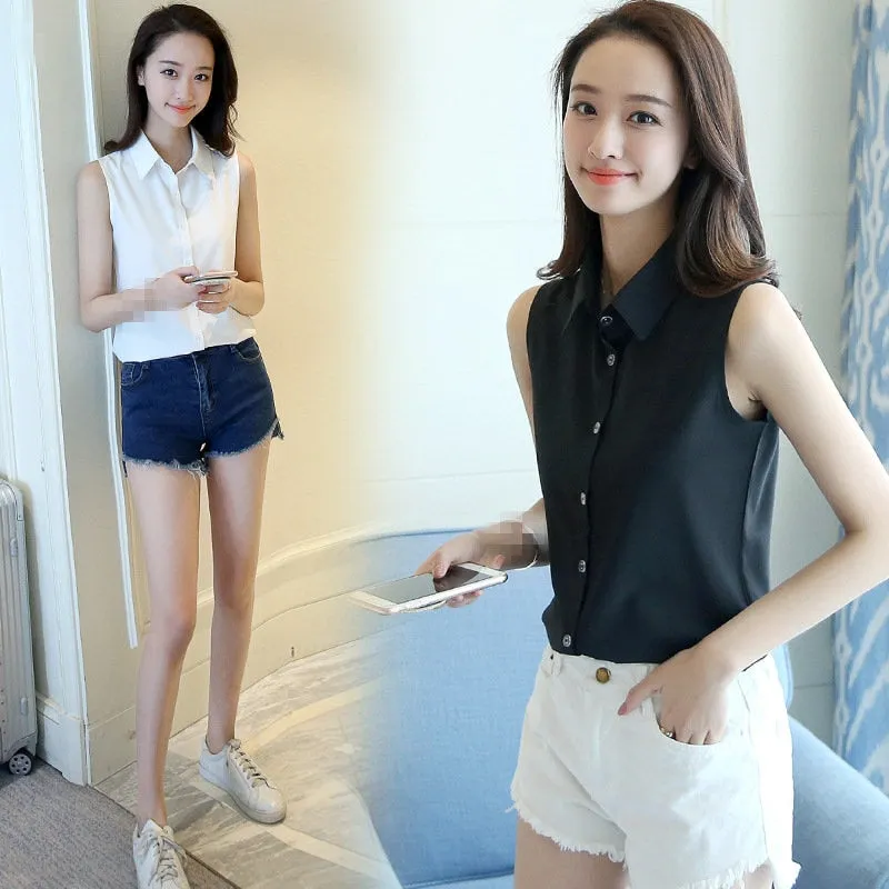 New Turn Down Collar Blouse Sleeveless
