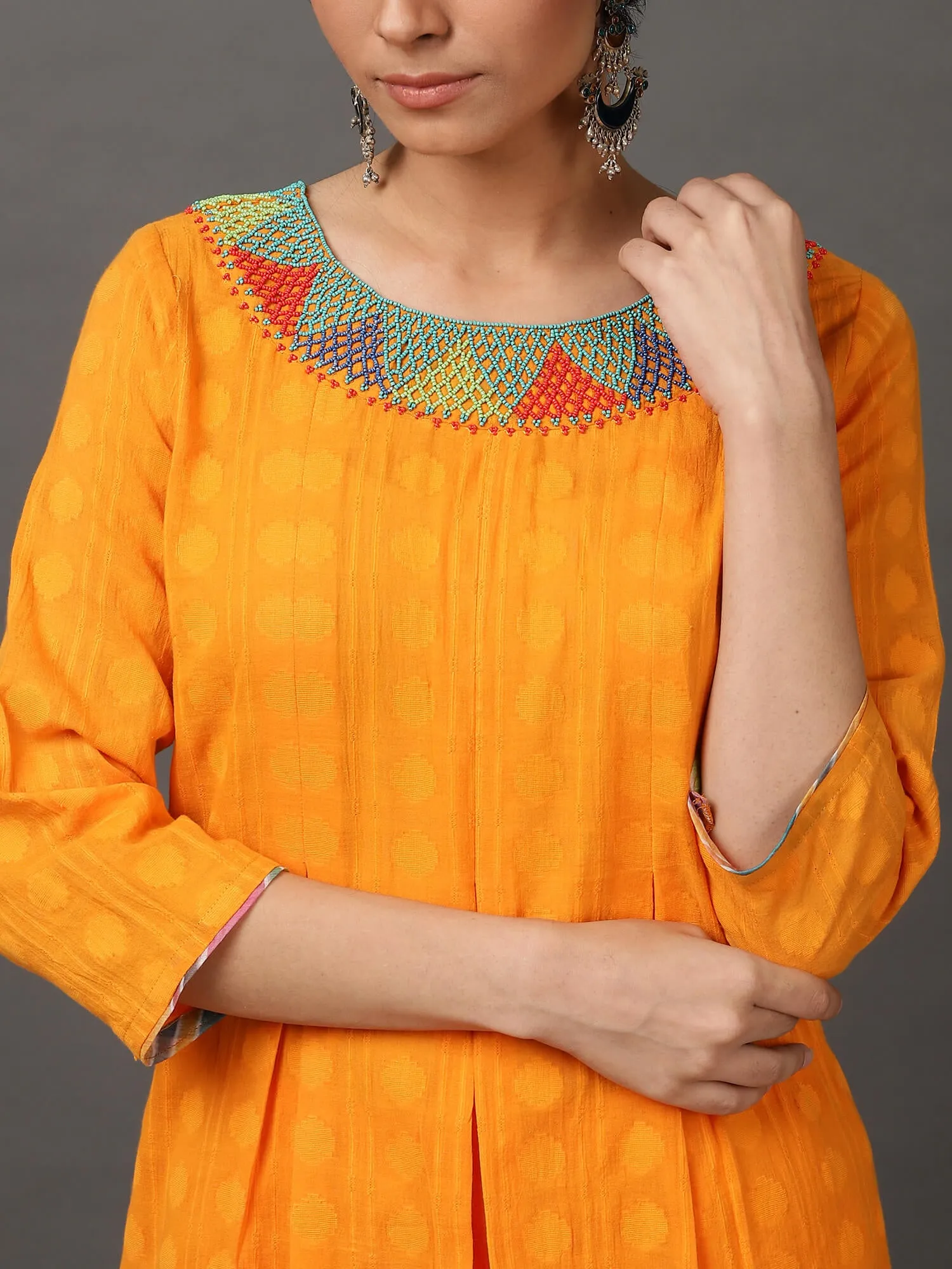 Orange Jacquard Kurta & Pant With Hand Embroidery