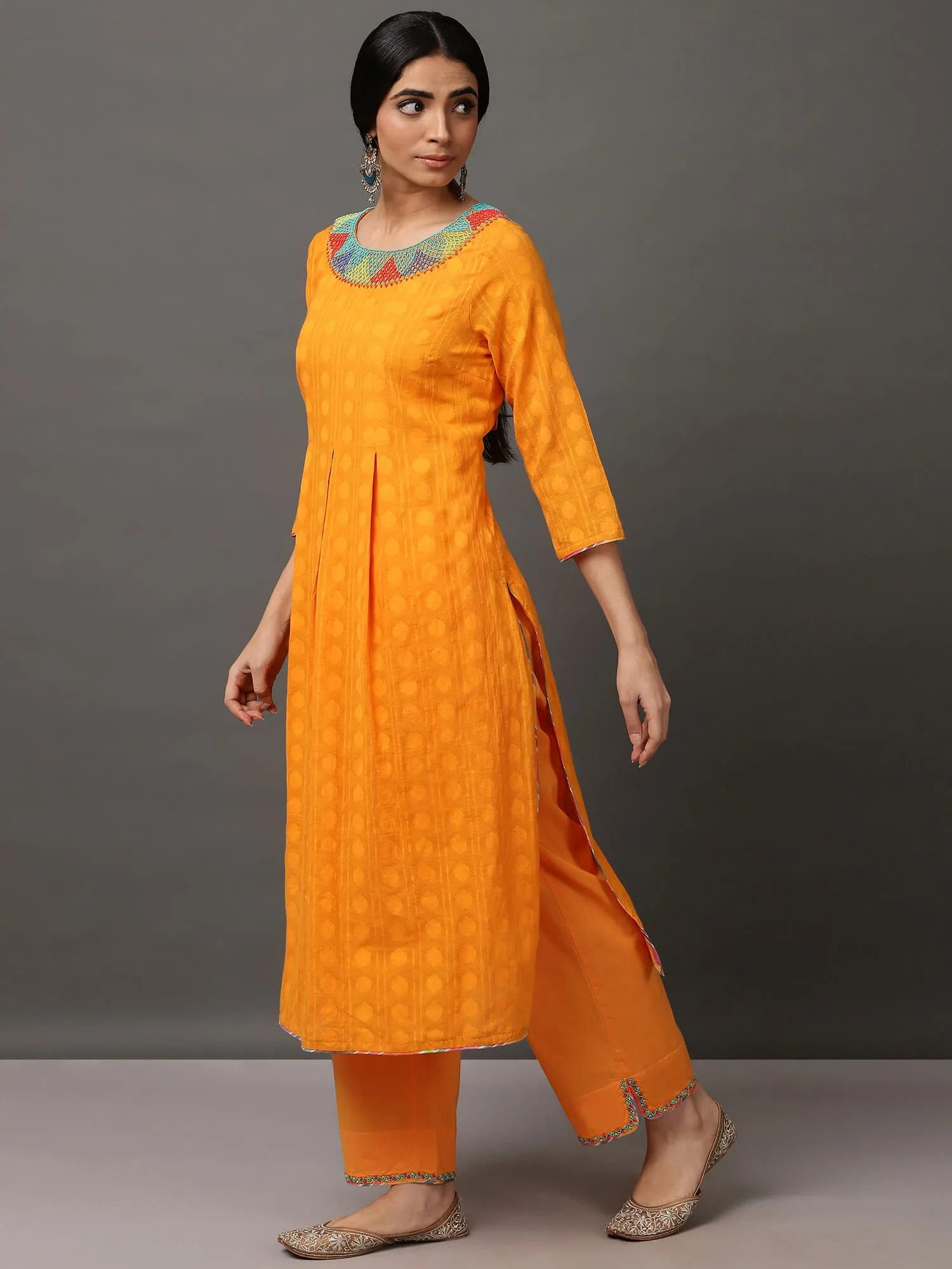 Orange Jacquard Kurta & Pant With Hand Embroidery