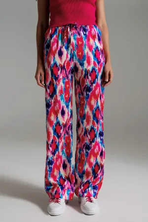 Palazzo Style Pants in Abstract Pink and Blue Print