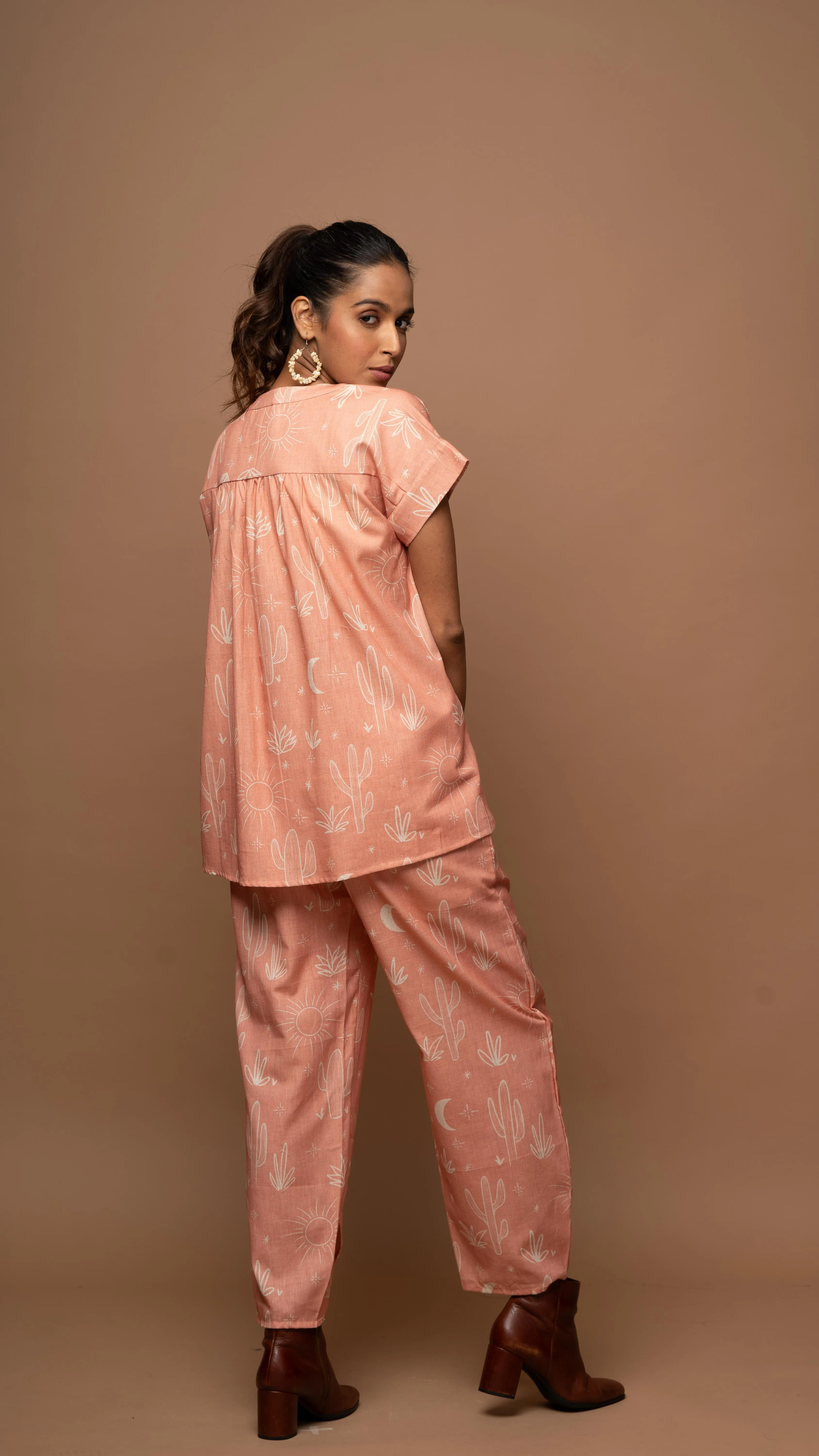 Peach Tranquil Co-ord Pants Set in Siesta in the desert Pattern
