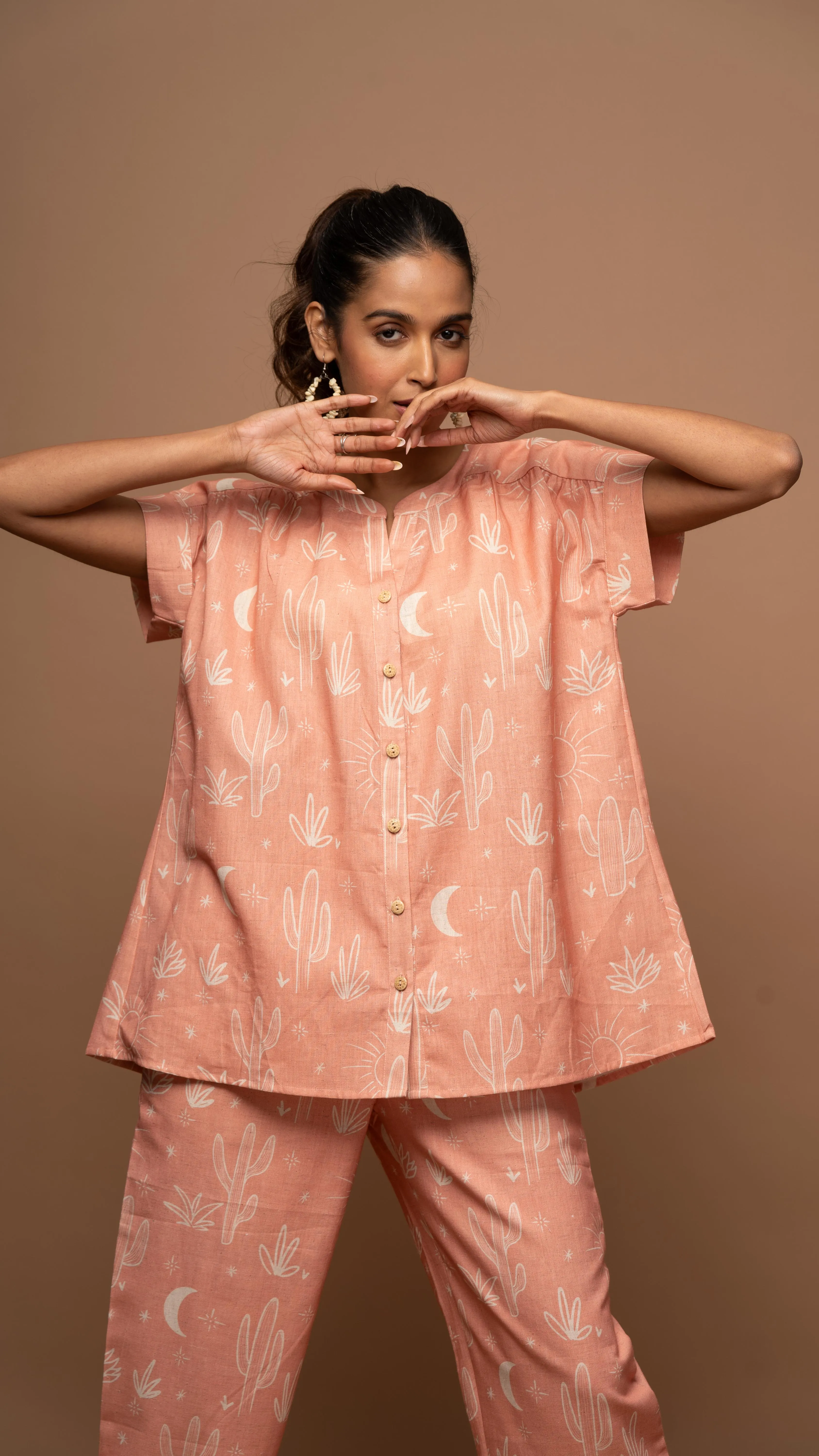Peach Tranquil Co-ord Pants Set in Siesta in the desert Pattern