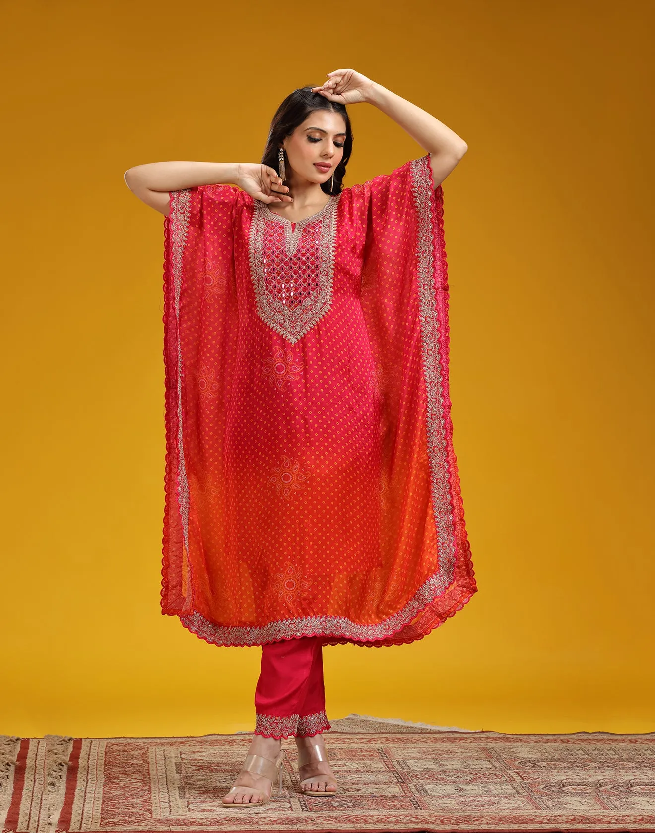 Pink And Orange Ombre Bandhej Printed Kaftan Set