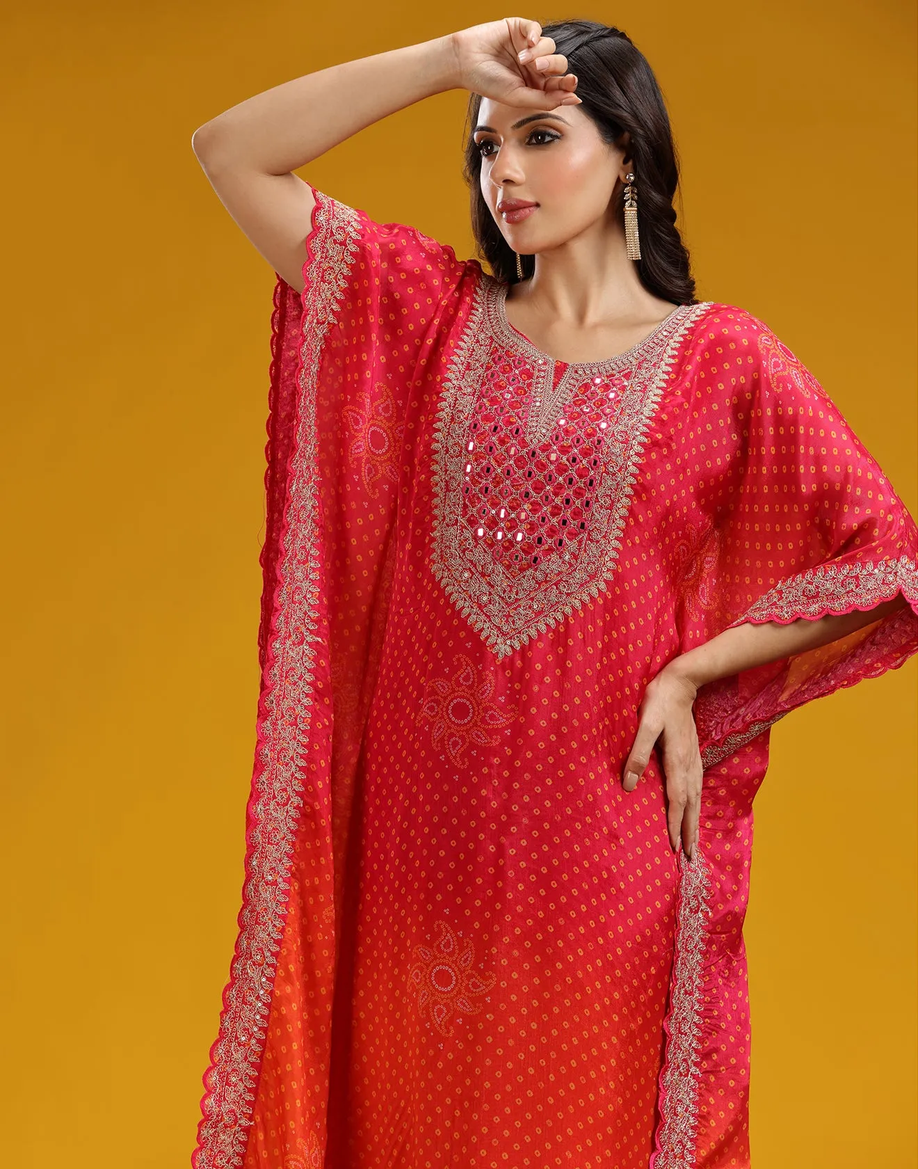 Pink And Orange Ombre Bandhej Printed Kaftan Set