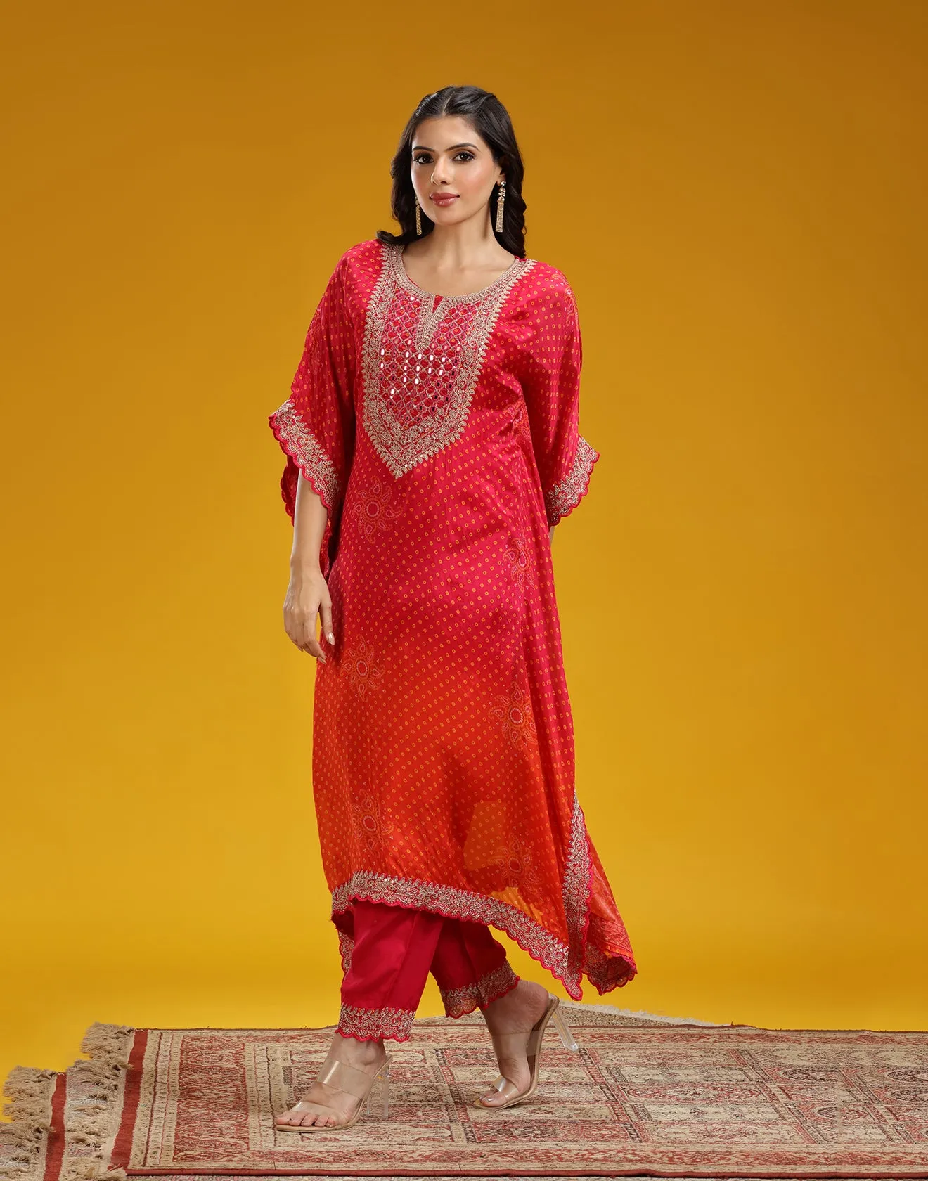 Pink And Orange Ombre Bandhej Printed Kaftan Set