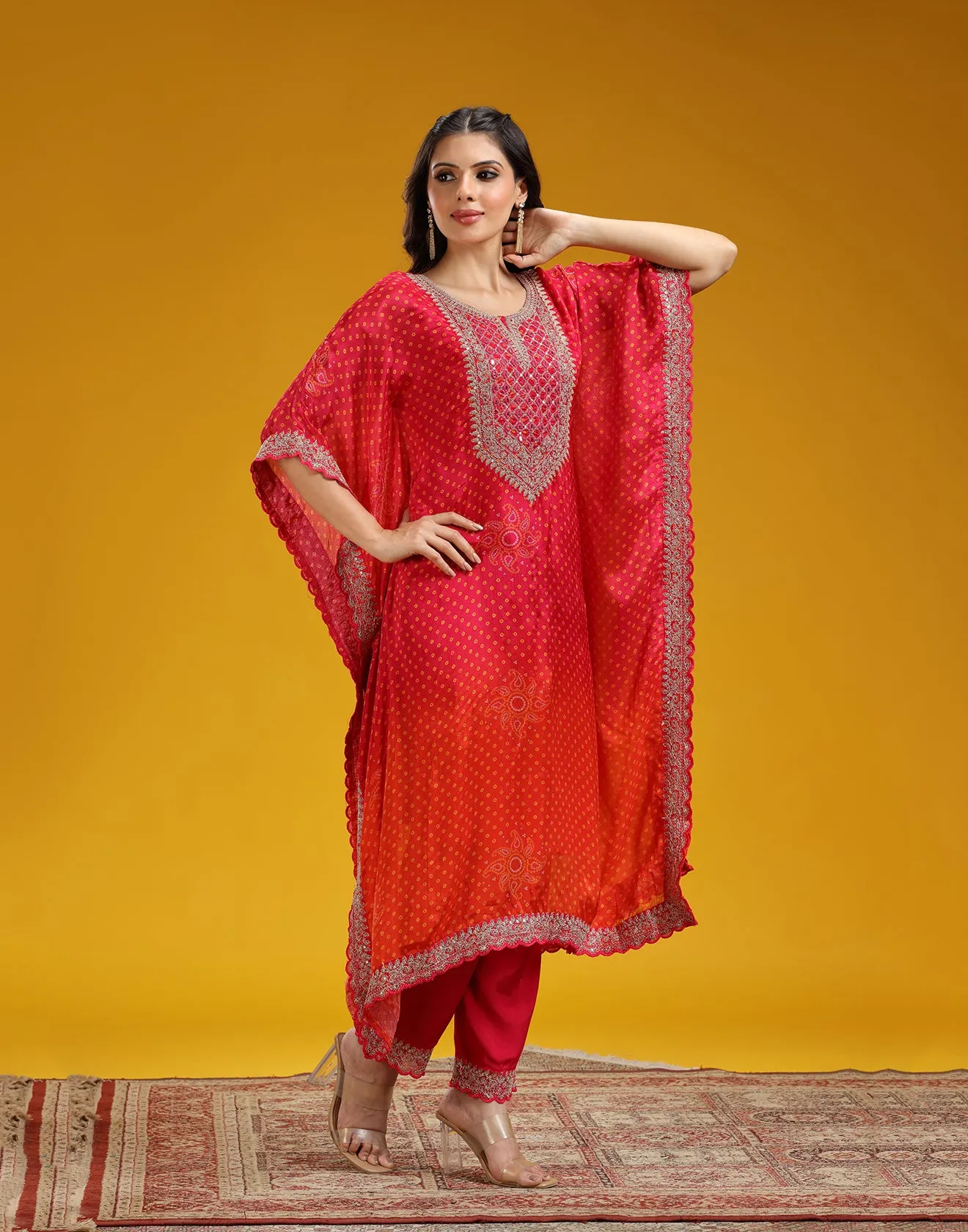 Pink And Orange Ombre Bandhej Printed Kaftan Set