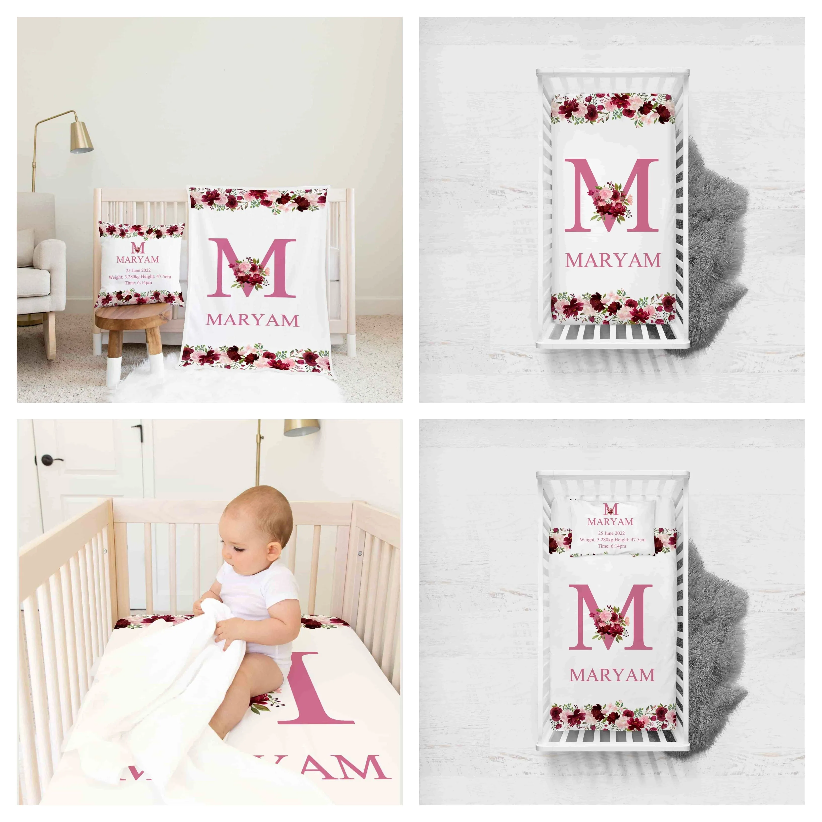 Pink and white Flower Themed Personalised Cot Set
