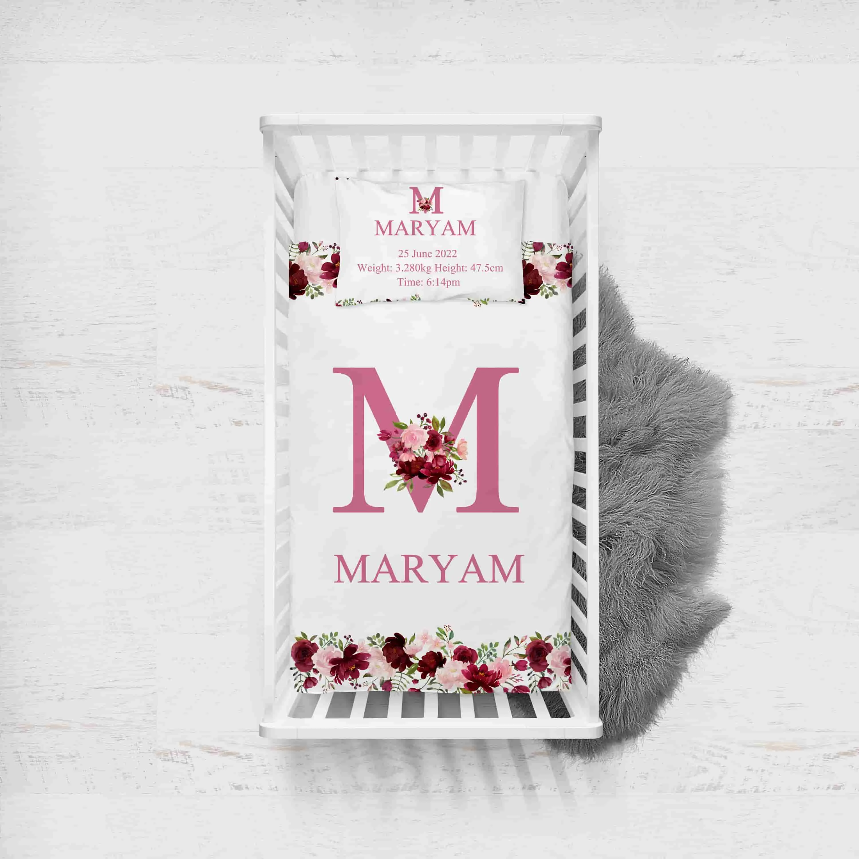 Pink and white Flower Themed Personalised Cot Set
