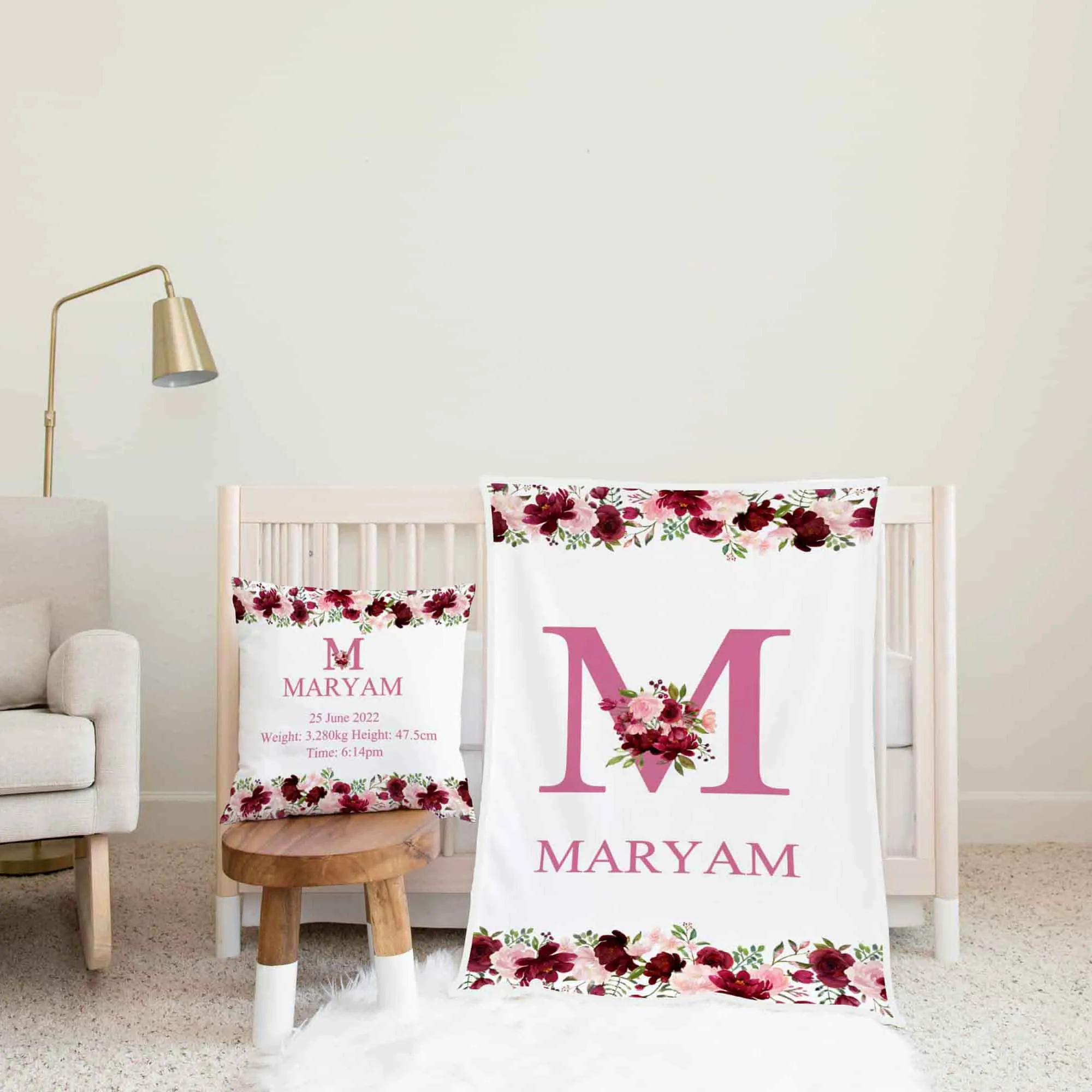 Pink and white Flower Themed Personalised Cot Set