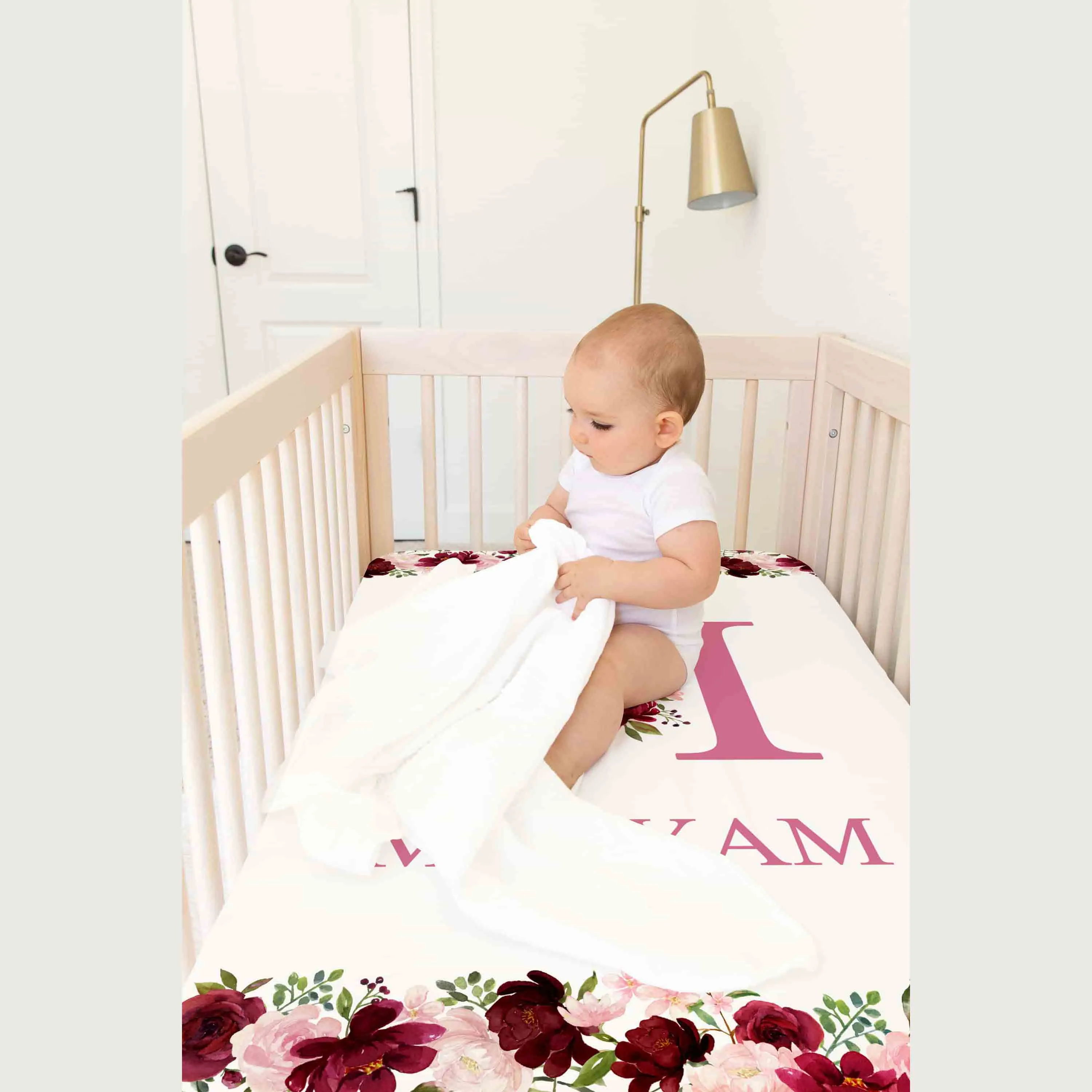 Pink and white Flower Themed Personalised Cot Set