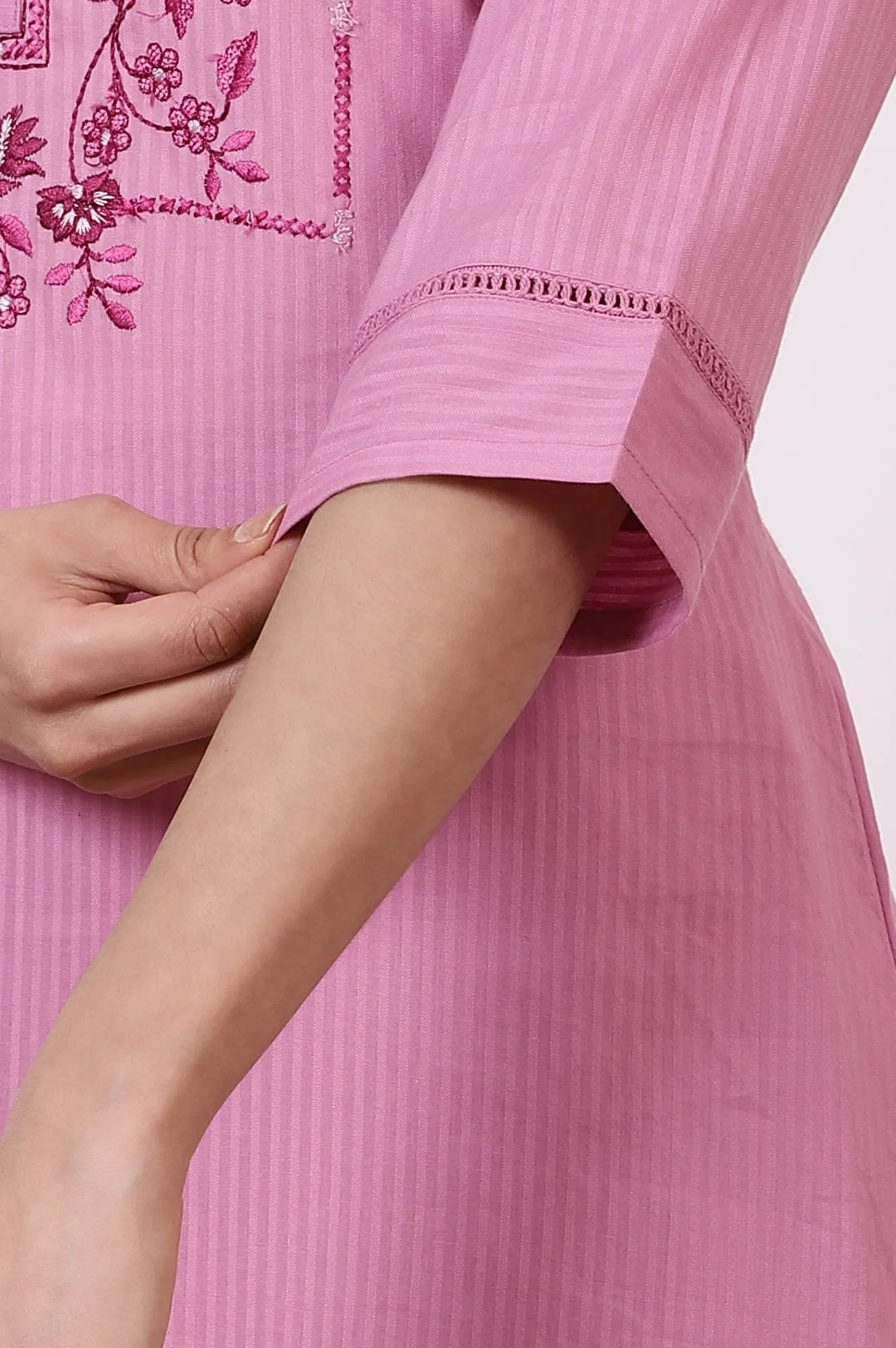 Pink Embroidered Yoke Pure Cotton Straight Kurta and Pants Set