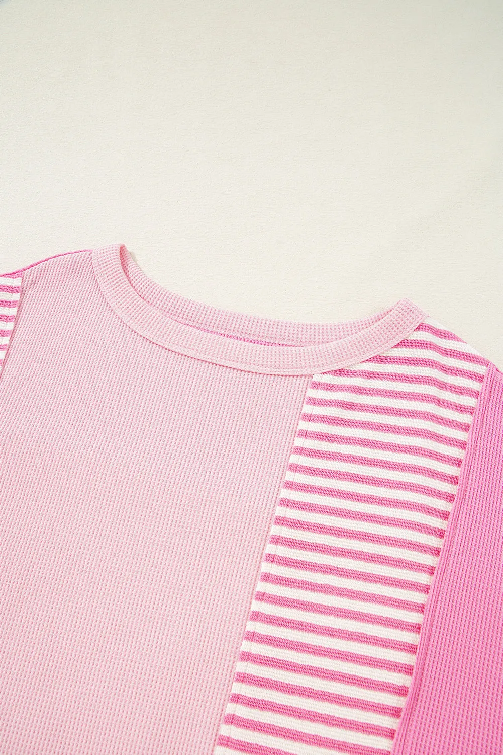 Pink Stripe Color Block Patchwork Loose Half Sleeve T Shirt