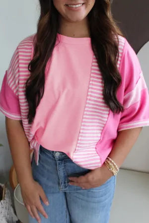 Pink Stripe Color Block Patchwork Loose Half Sleeve T Shirt