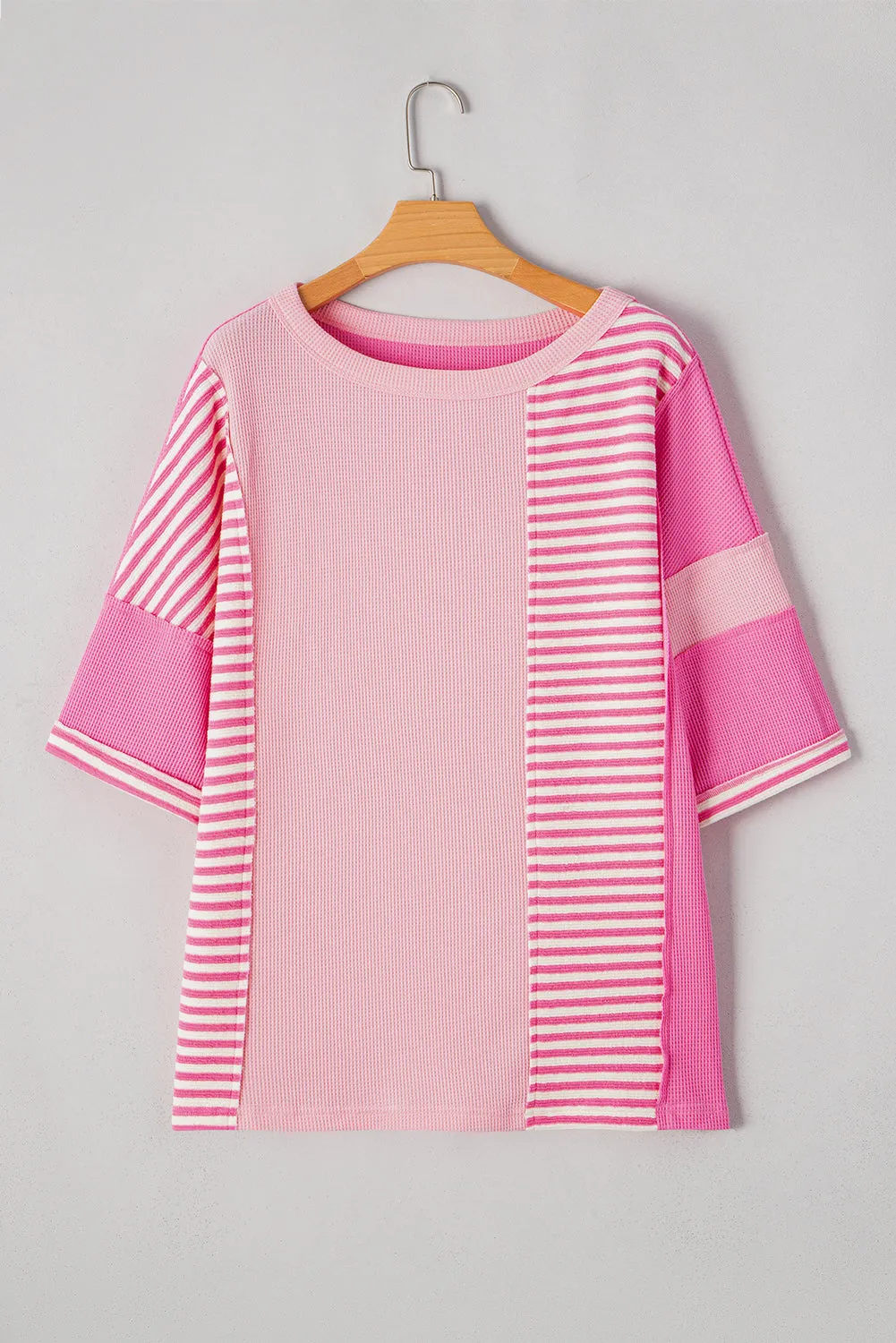 Pink Stripe Color Block Patchwork Loose Half Sleeve T Shirt