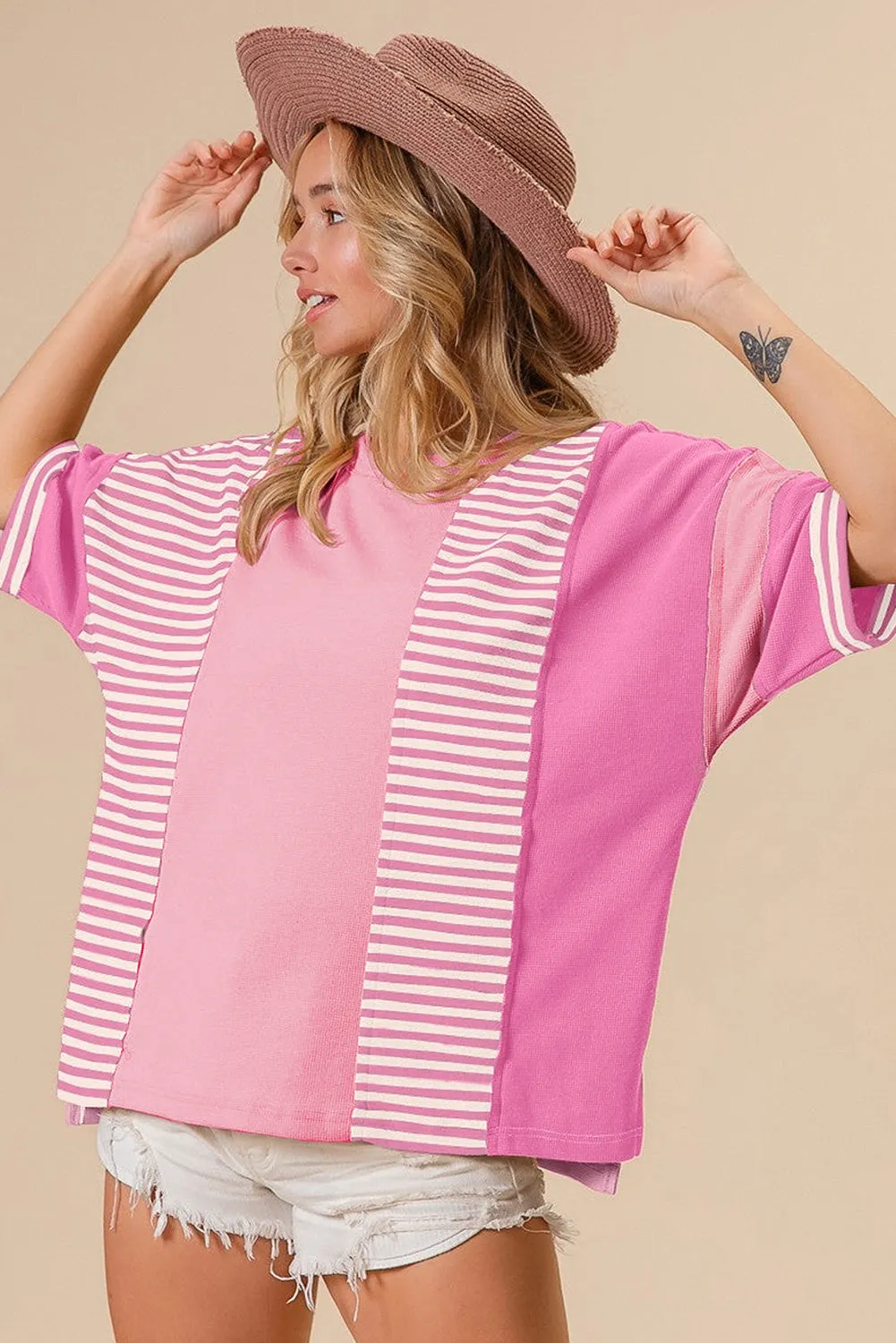 Pink Stripe Color Block Patchwork Loose Half Sleeve T Shirt