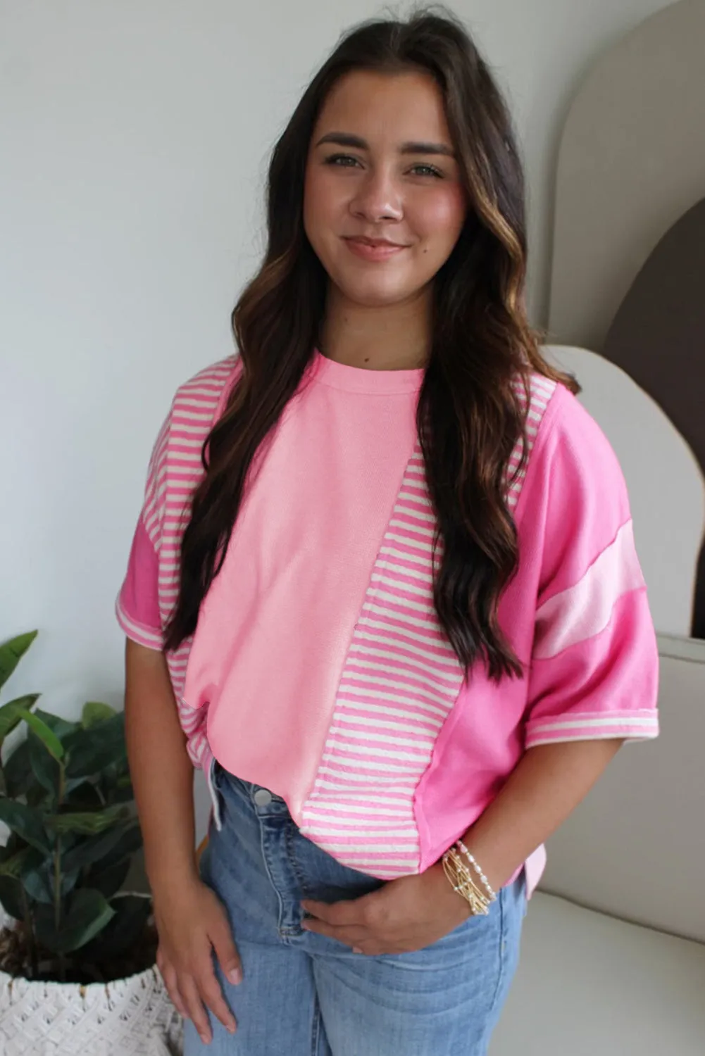 Pink Stripe Color Block Patchwork Loose Half Sleeve T Shirt